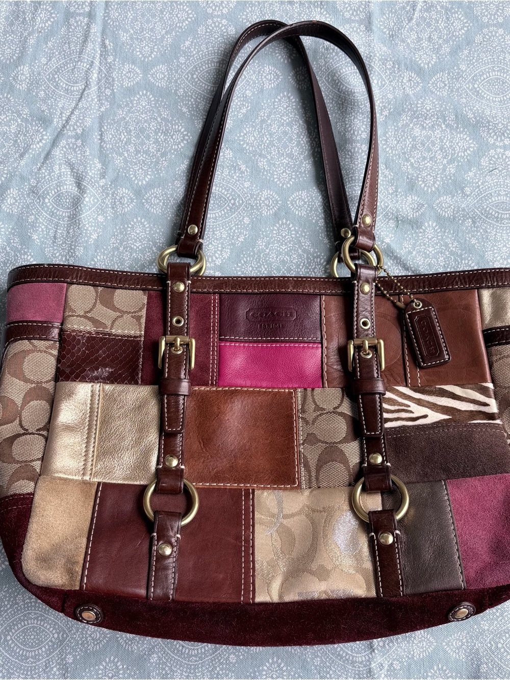 Coach Patchwork Leather and Signature Canvas Tote in Brown, Tan, Pink